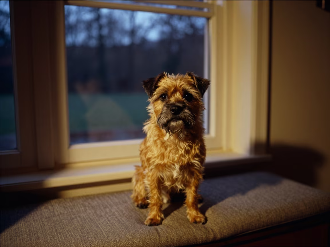 Twilight Portrait of Border Terrier on Window Seat in on a cushioned window seat with soft side light and an uncluttered background in Douma