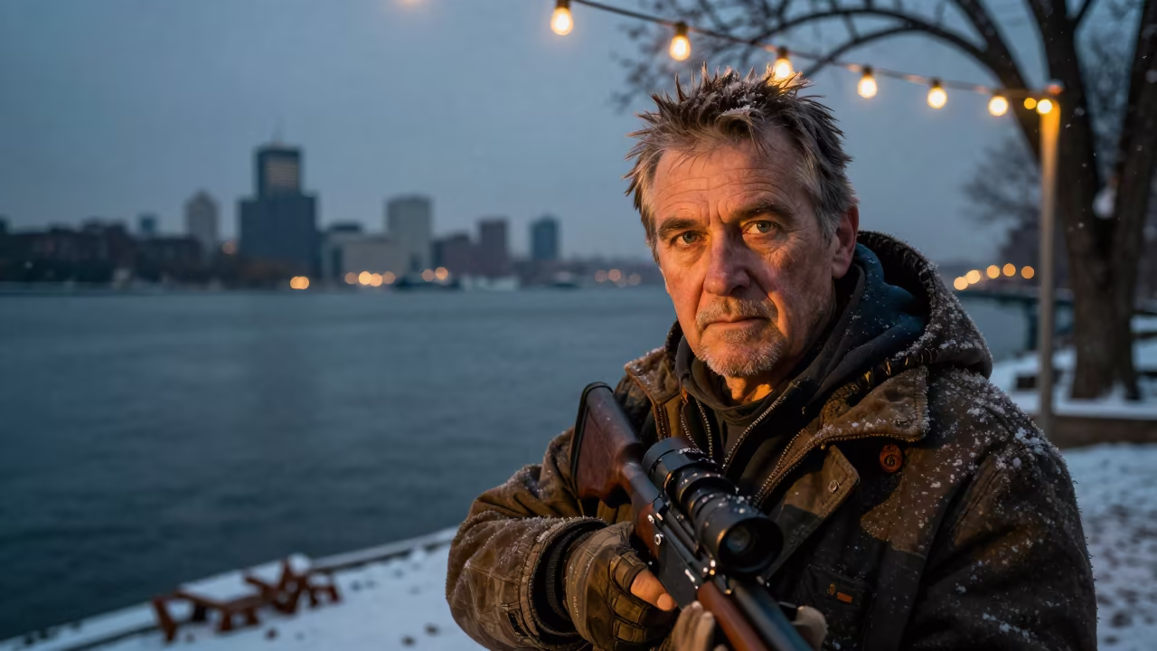Twilight Portrait of Retired Sniper by Detroit River in near a riverside landing in Detroit