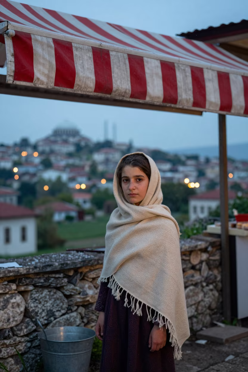 Twilight Portrait Shepherd Girl Istanbul Hillside in under a striped market awning near Istanbul
