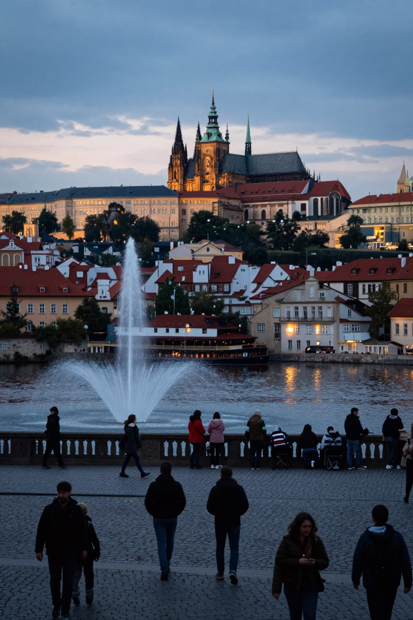 Twilight Prague Street Scene with Fountain Spray and Canal Houseboats in in Prague, Czech Republic