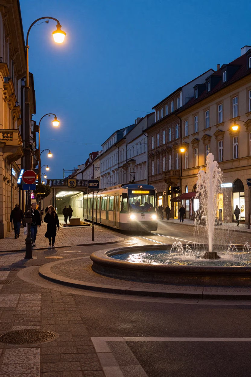 Twilight Prague Street Scene with Metro Train and Fountain Spray in in Prague, Czech Republic