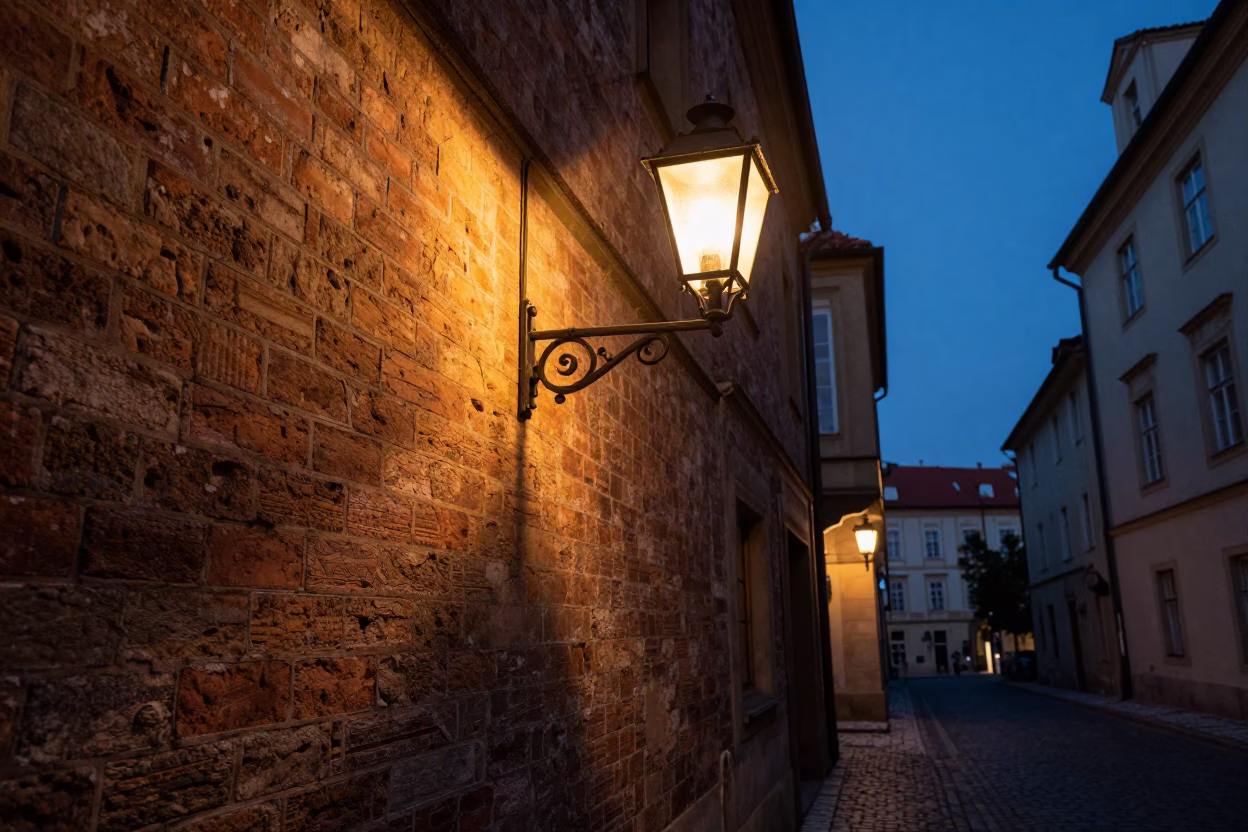 Twilight Prague Street Scene with Vintage Lampshade and Paint Flecks in in Prague, Czech Republic