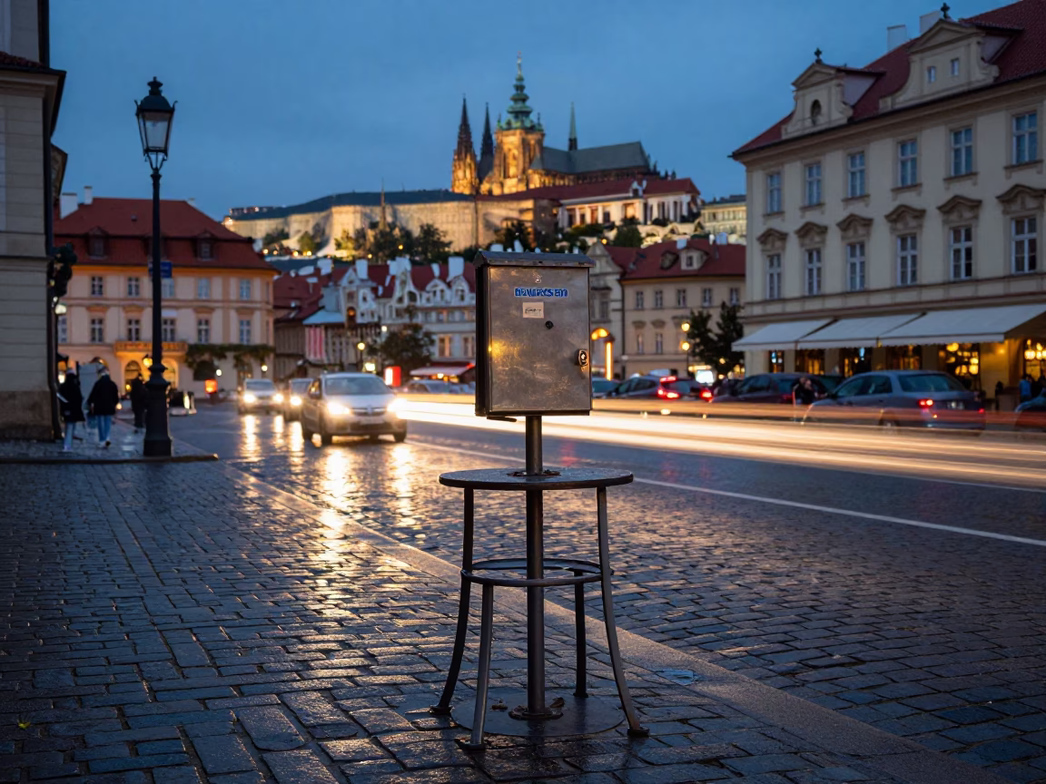 Twilight Prague Street Scene with Vintage Valet Stand and Hotel Awning Reflections in in Prague, Czech Republic
