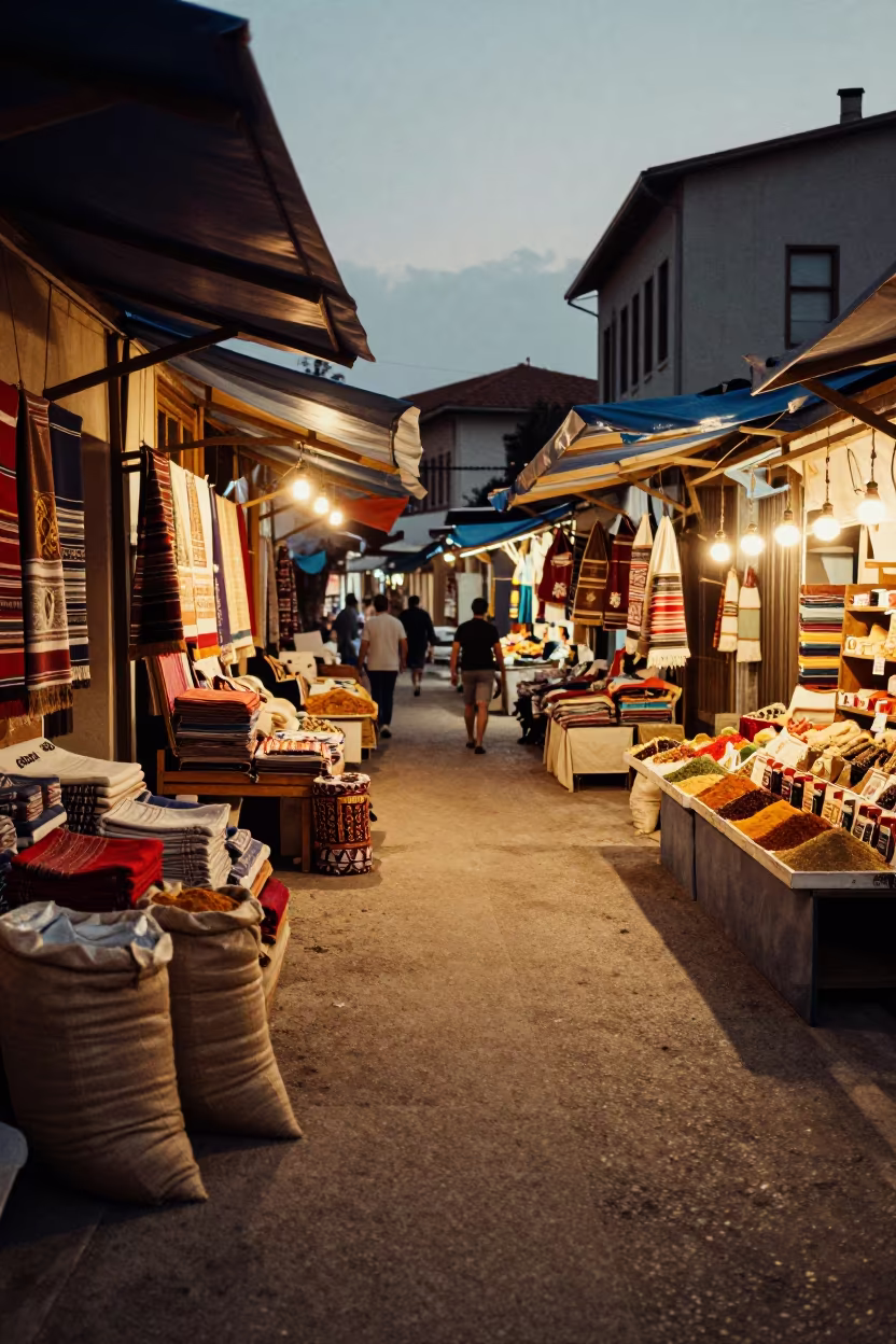 Twilight Produce Alley Trabzon Textile Market in at a textile trader's stall in Trabzon