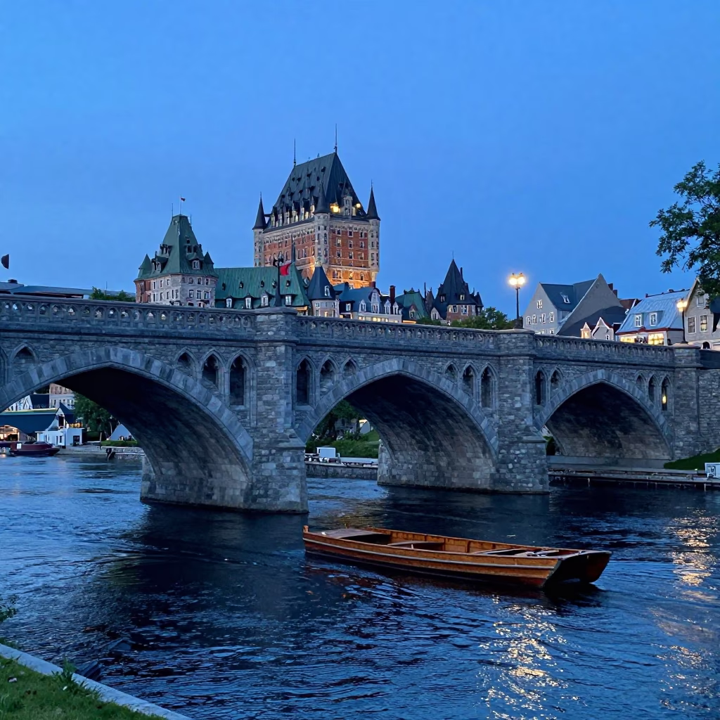 Twilight Punt Passing Under Gothic Stone Bridge in Quebec City Quebec Canada in in Quebec City, Quebec, Canada