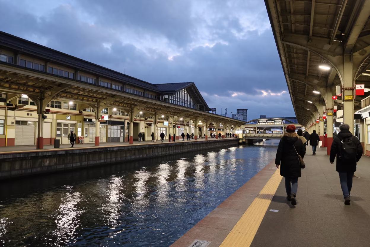 Twilight Rail Station Hall Over Narrow Canal Near Osaka in near Osaka