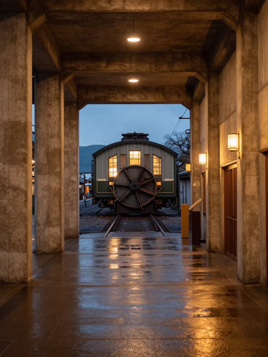 Twilight Railway Roundhouse Inside Nagasaki Lobby in inside a ribbed concrete lobby in Nagasaki