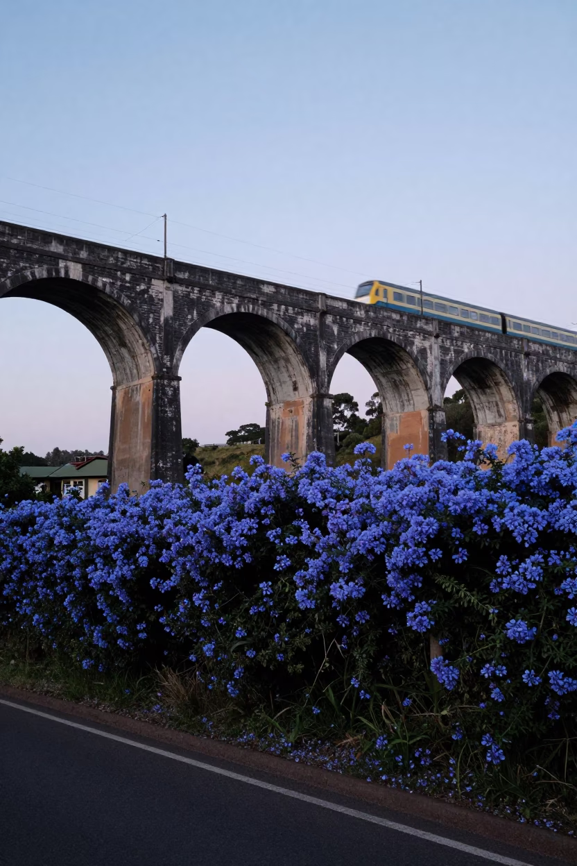 Twilight Railway Viaduct and Blue Plumbago Hedges in Durban South Africa in in Durban, South Africa