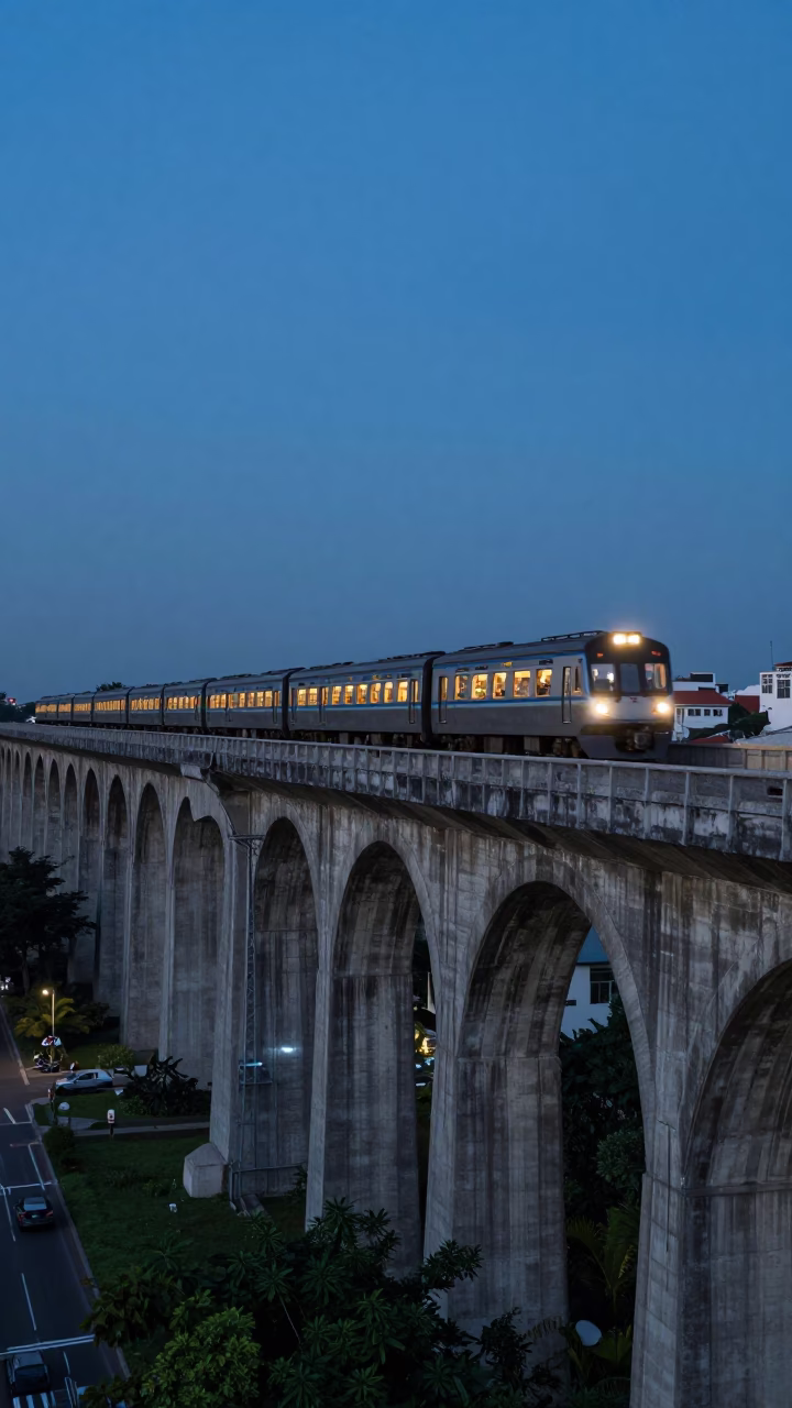 Twilight Railway Viaduct and Passing Train in Ho Chi Minh City Vietnam in in Ho Chi Minh City, Vietnam