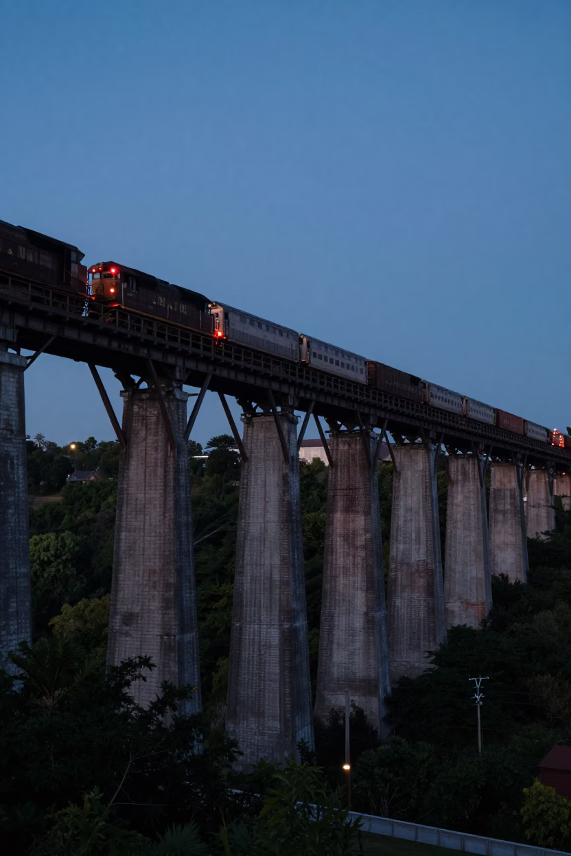 Twilight Railway Viaduct and Passing Train in Nashville Tennessee United States in in Nashville, Tennessee, United States