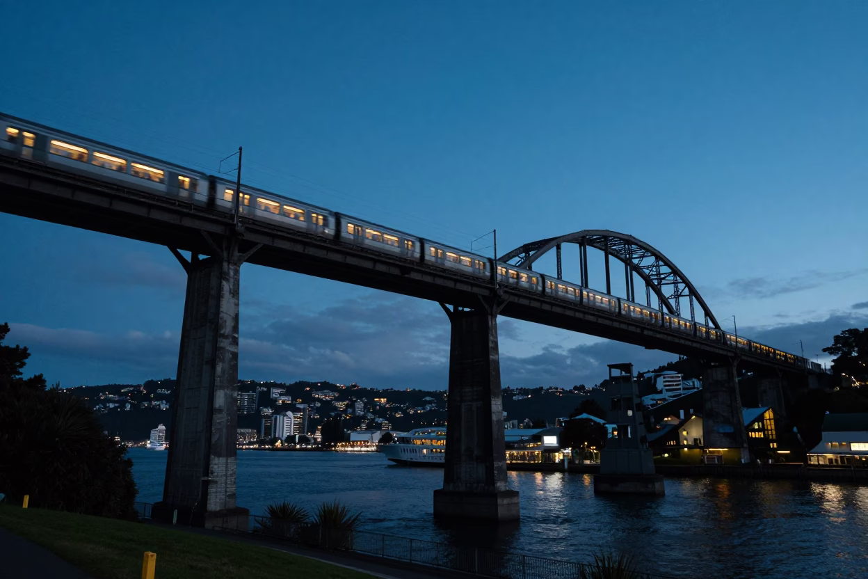 Twilight Railway Viaduct and Passing Train in Wellington New Zealand in in Wellington, New Zealand