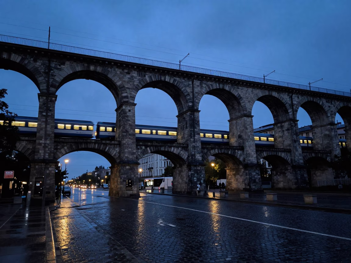 Twilight Railway Viaduct in Budapest with Passing Train and Urban Stone Archways in in Budapest, Hungary