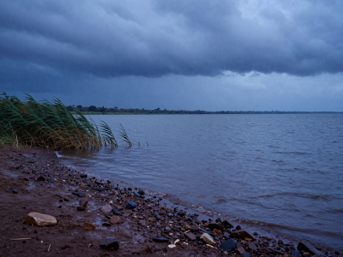 Twilight Rain Over Kenyan Lake Shoreline in along a wave-cut shoreline in Kenya