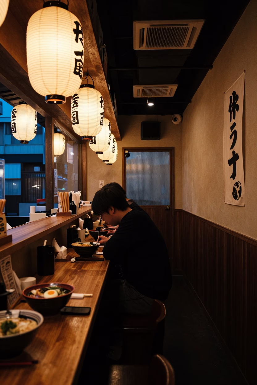 Twilight Ramen Shop Interior with Soft Boiled Egg and Wooden Counter in Fukuoka Japan in in Fukuoka, Japan