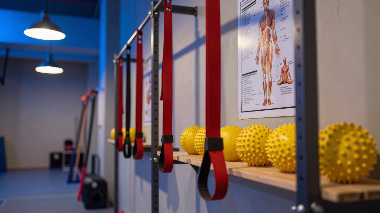 Twilight Recovery Corner with Straps and Balls in inside a climbing gym warmup zone near Urumqi