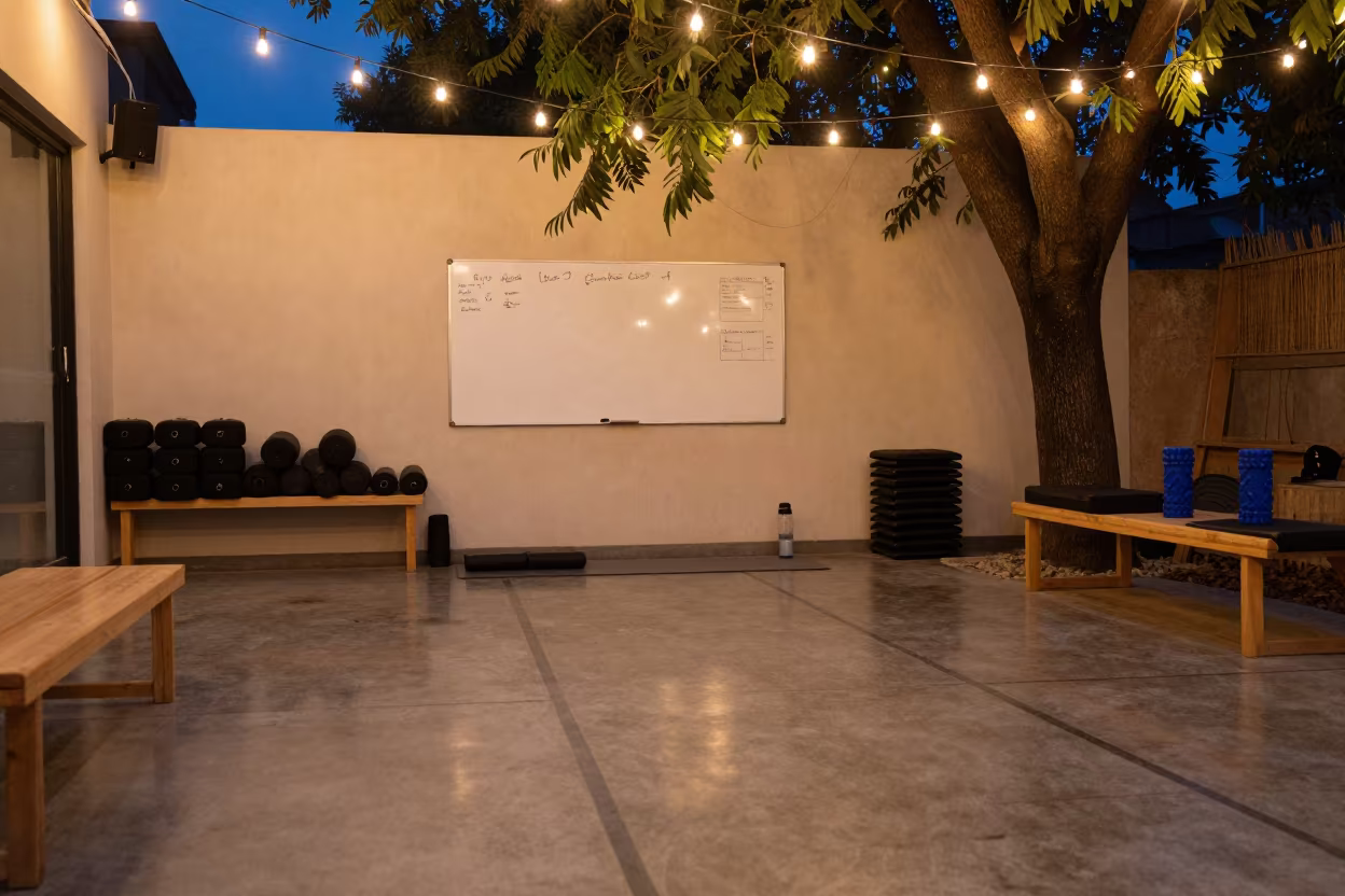 Twilight Recovery Lounge with Plate Tree and String Lights in inside a recovery lounge beside foam rollers in Ludhiana