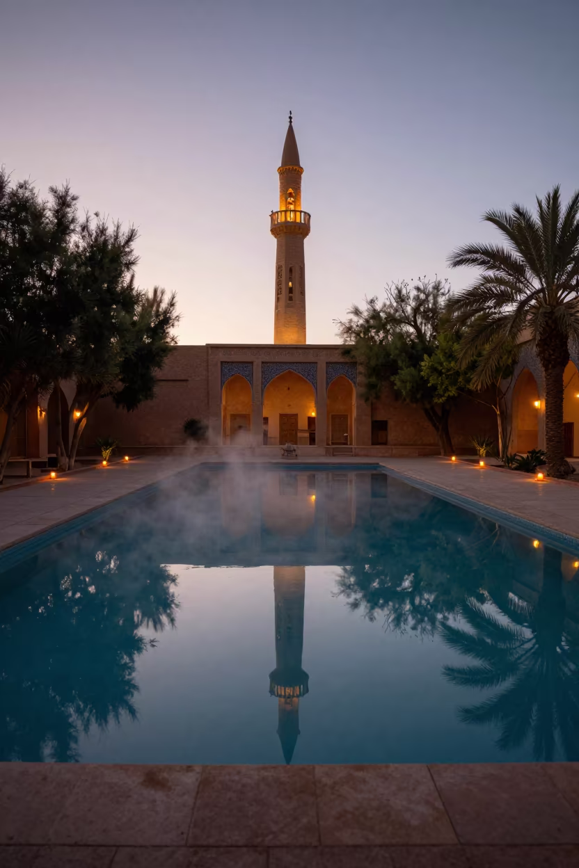 Twilight Reflection of Minaret in Arizona Pool in in a cloister garden in Arizona