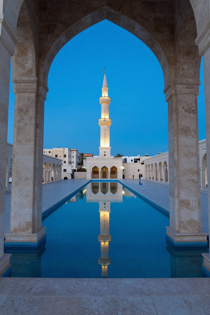 Twilight Reflection Minaret Mosque Pool Amman in beneath a pagoda roof in Amman