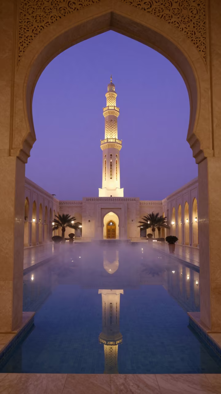Twilight Reflection Minaret Muscat Mosque Courtyard in in a cloister garden near Muscat
