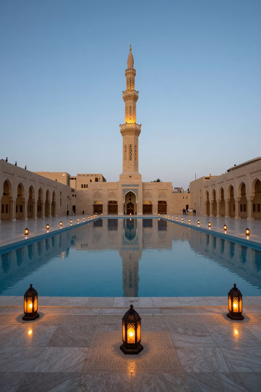 Twilight Reflection Mosque Minaret Jeddah Pool in at the edge of a sacred pool near Jeddah