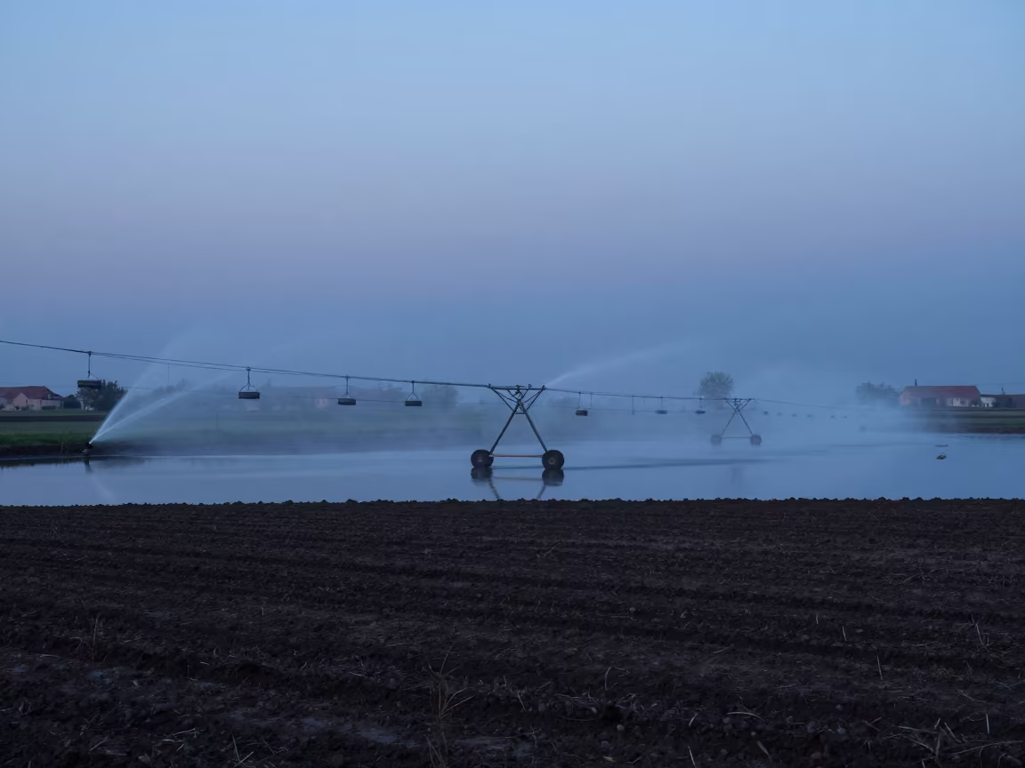 Twilight Reflection of Sprinklers on Farm Pond in beside a tractor track through dark soil in Armenia