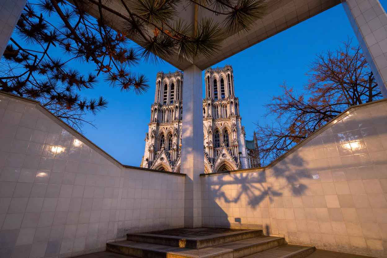 Twilight Reflections Pine Branches City Towers Stair Hall in inside a tiled stair hall in Reims