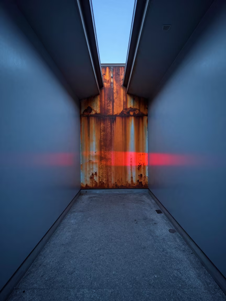 Twilight Reflections on Rust and Blue Hour in inside a skylit passageway near Brampton