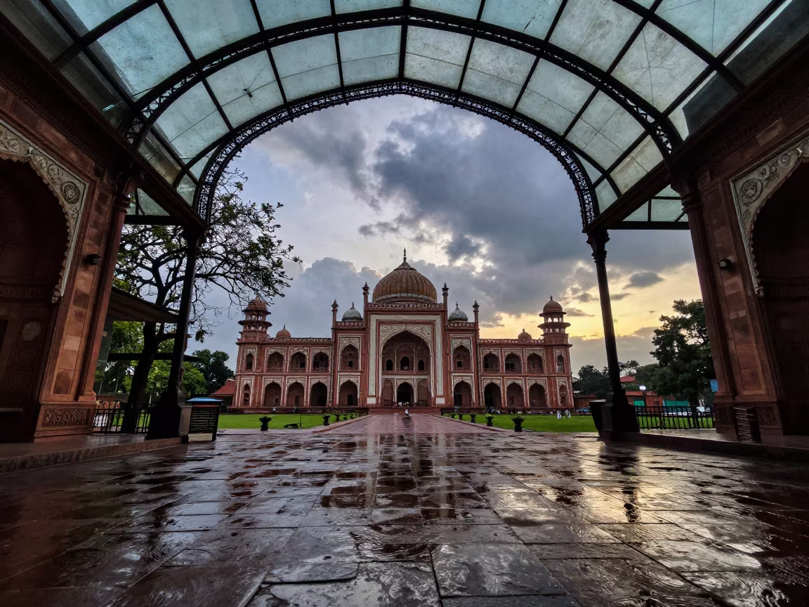 Twilight Reflections on Wet Cobblestones in inside a glass-roofed arcade in Lucknow