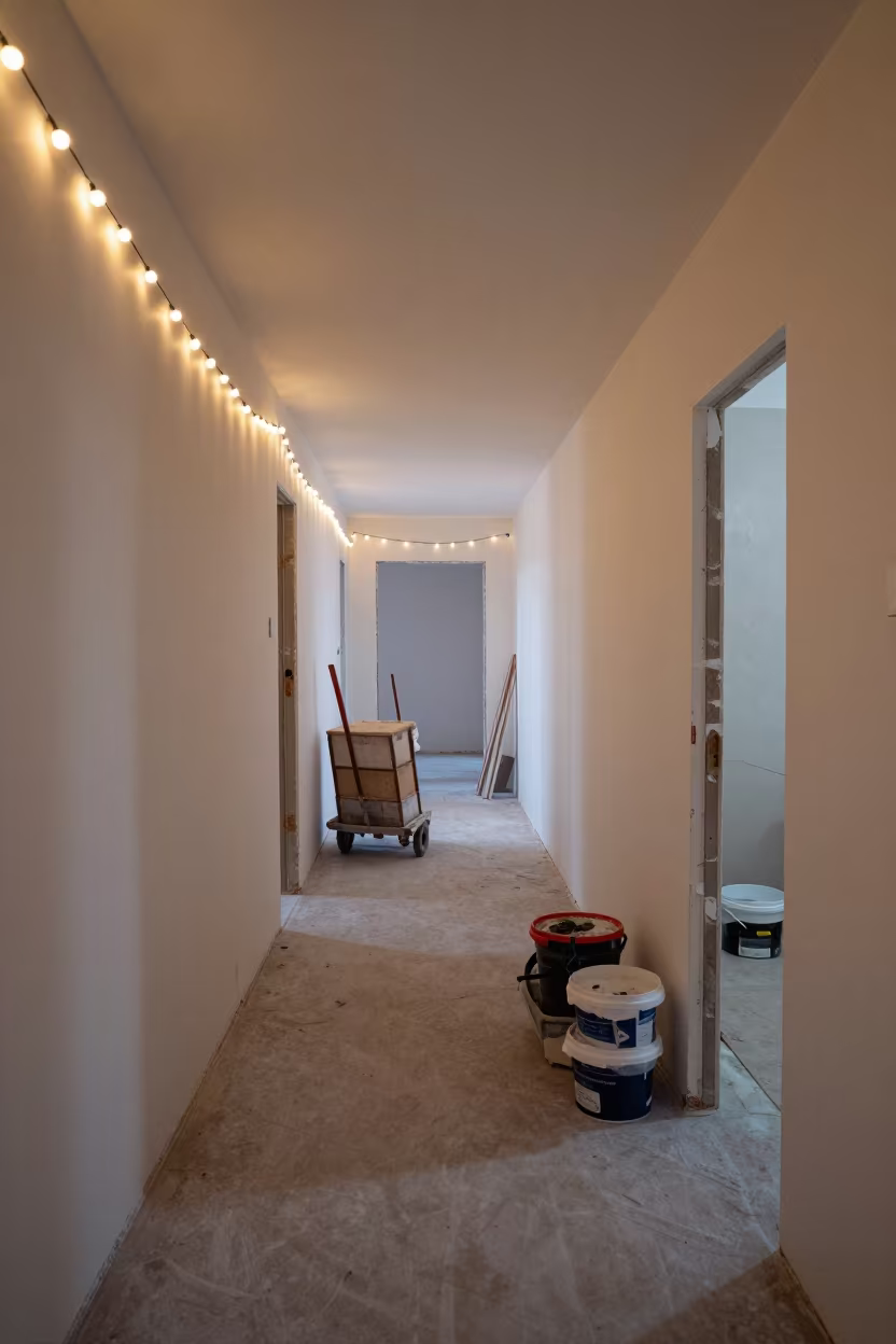 Twilight Renovation Hallway with Drywall Carts and String Lights in in a mechanical room under buildout near Cotonou