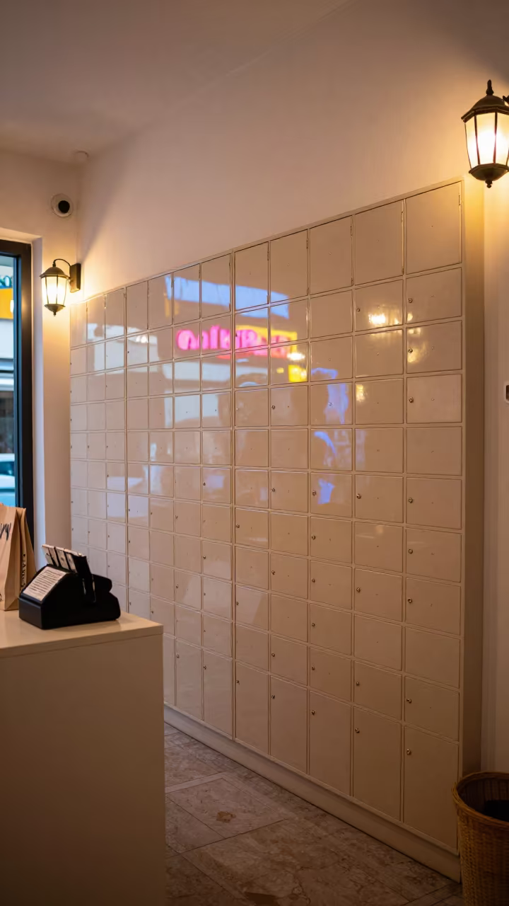 Twilight Retail Cubby Wall with Neon Reflections in at a cash wrap counter with bags stacked nearby near Tangier