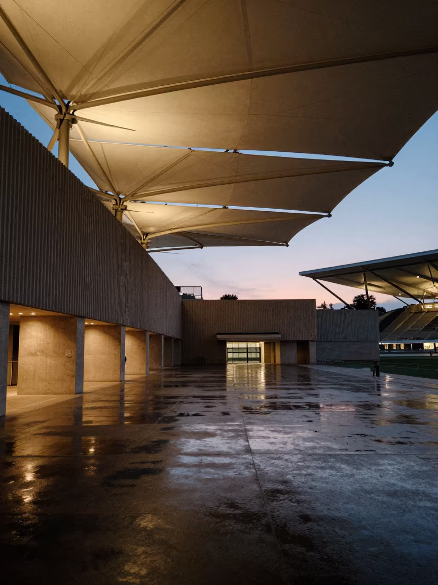 Twilight Ribbed Lobby Under Tensile Stadium Roof in inside a ribbed concrete lobby in Chirchiq