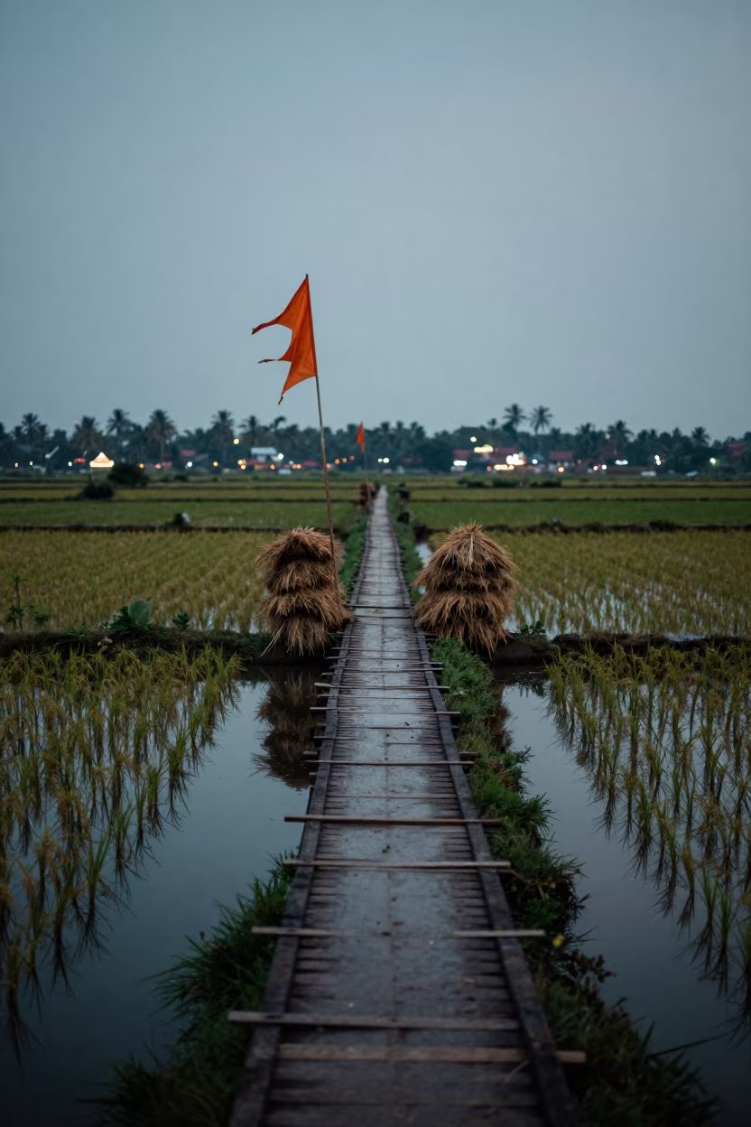 Twilight Rice Paddy Bridge With Fluttering Flags in beside stacked hay bales in Kerala