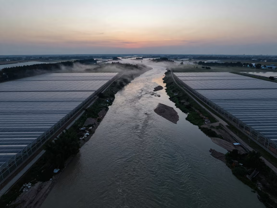 Twilight River Confluence Over Çorlu Greenhouse Grids in high over greenhouse grids near Çorlu