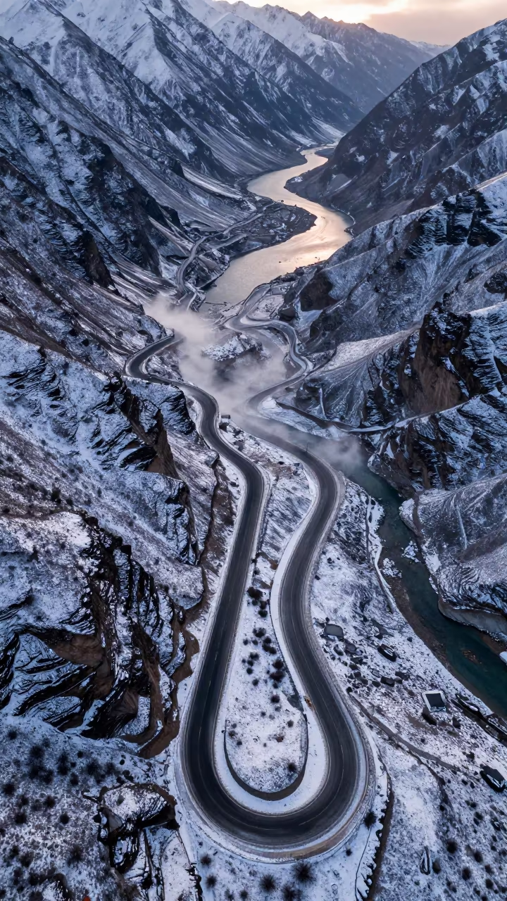 Twilight Road Zigzagging Through Snowy Mountain Pass in at a rocky saddle overlooking a mountain valley near Leh