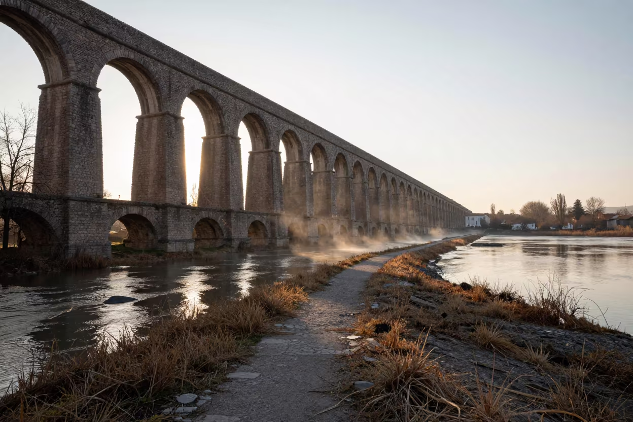 Twilight Roman Aqueduct Reflected Over Floodwater in along a levee path above floodwater near Eskişehir