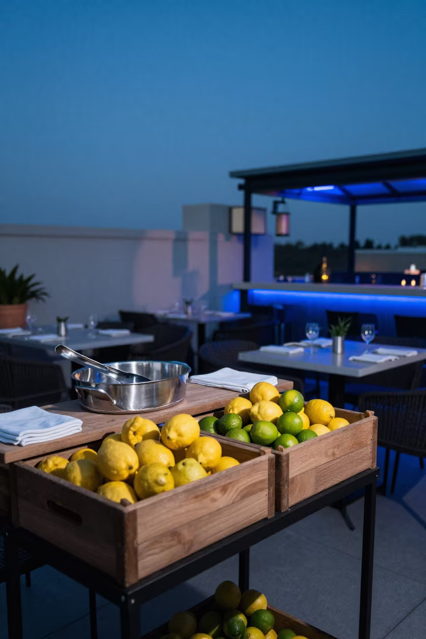 Twilight Rooftop Bar Setup with Citrus and Ice in inside a hotel lobby near Bhagalpur