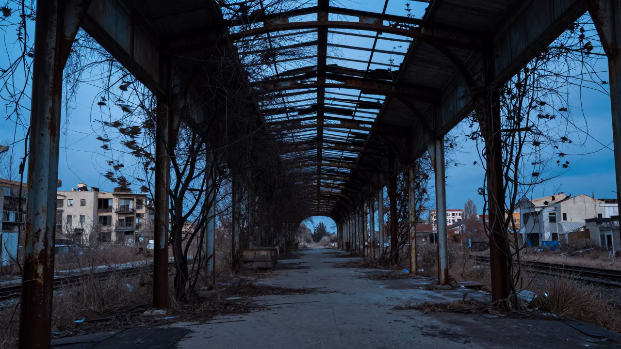 Twilight Ruin of Beirut Train Station Skylight in along a vine-choked corridor near Gemmayzeh, Beirut
