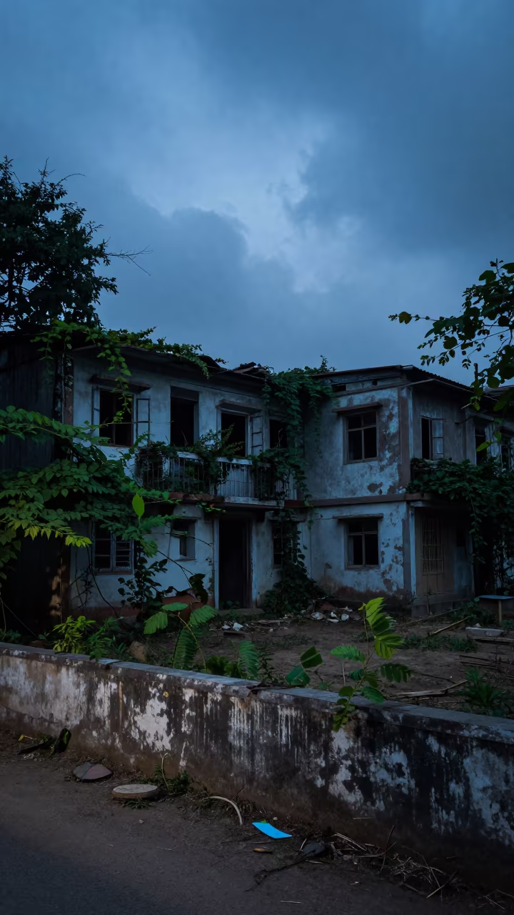 Twilight Ruin Workers Housing West Bengal in along a vine-choked corridor in West Bengal