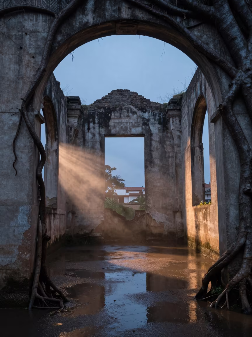 Twilight Ruins Andalusia Nature Reclaiming Concrete in inside a roofless nave in Andalusia