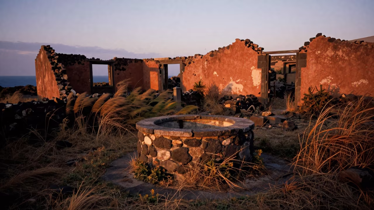 Twilight Ruins of Canary Hamlet Stone Well in in the Canary Islands