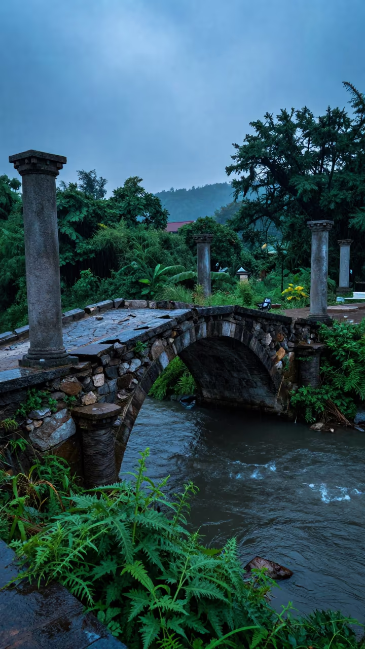 Twilight Ruins Stone Bridge Shillong in among toppled columns and nettles near Shillong