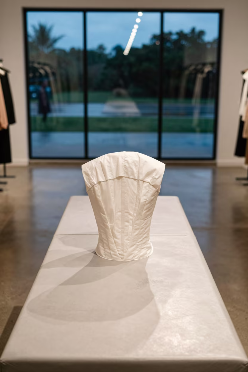 Twilight Runway Dress Bodice Tissue Padding Belize in inside a minimalist showroom near Belize City