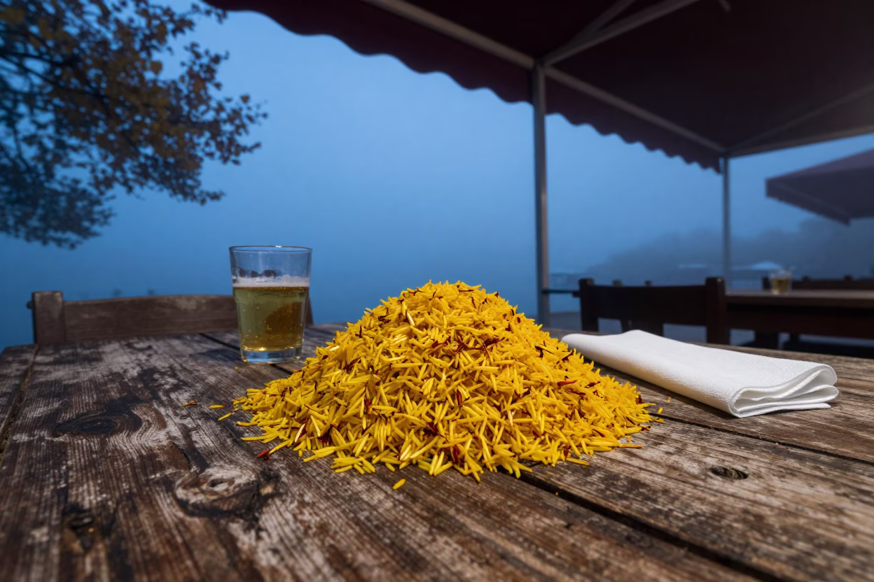 Twilight Saffron Rice and Beer at Izmir Market in on a weathered outdoor table near Izmir