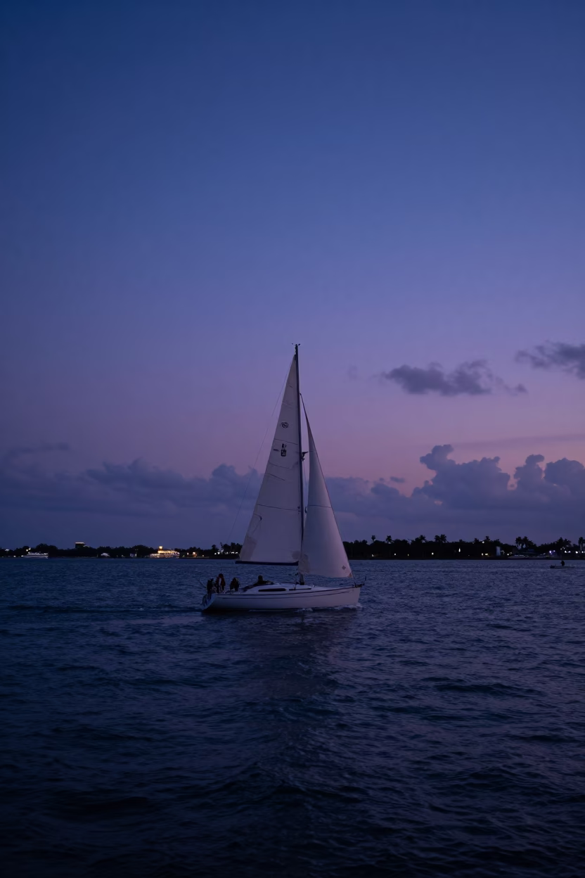 Twilight Sailboat in Miami at Indigo Twilight After Sunset in in Miami, Florida, United States