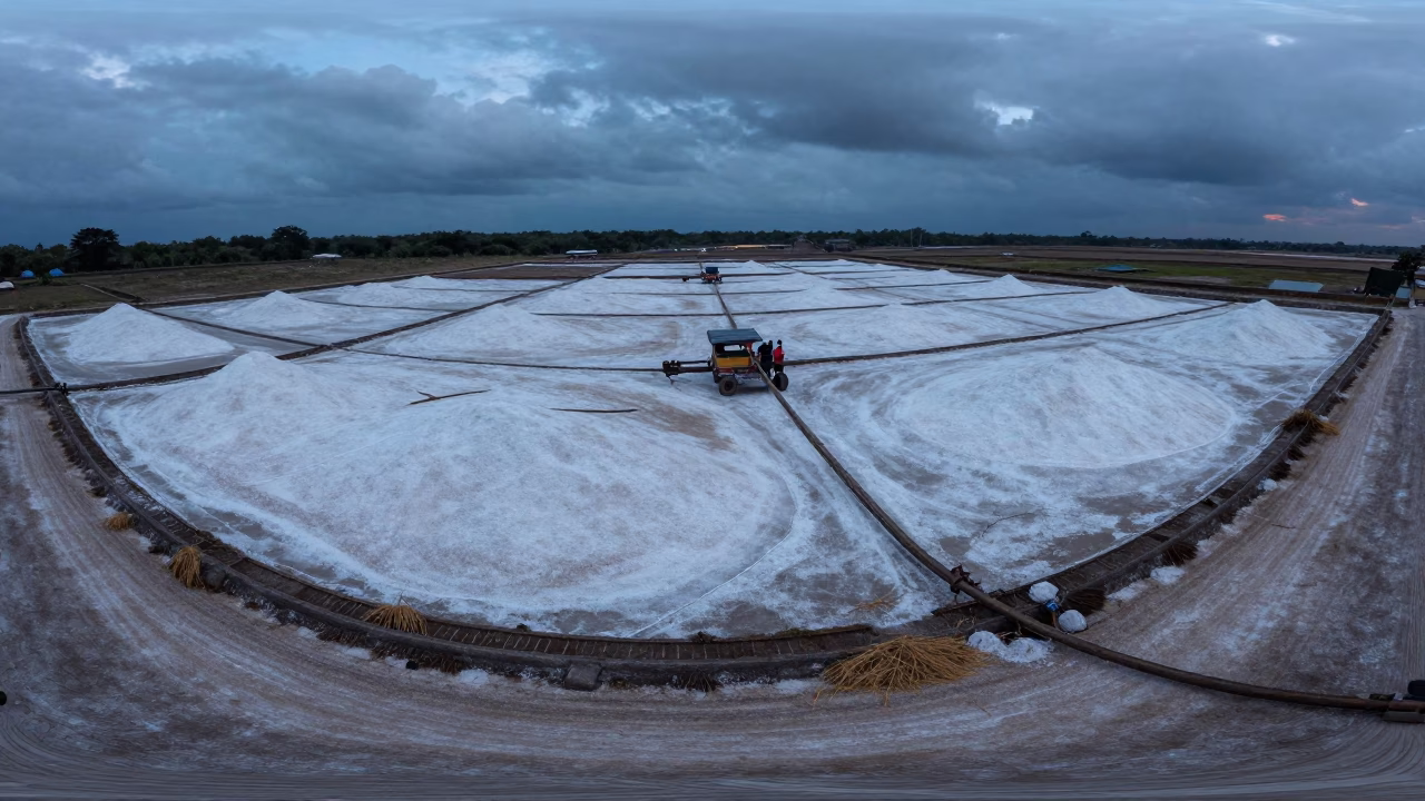 Twilight Salt Harvester Over Grenada Fields in across a harvested grain field in Grenada