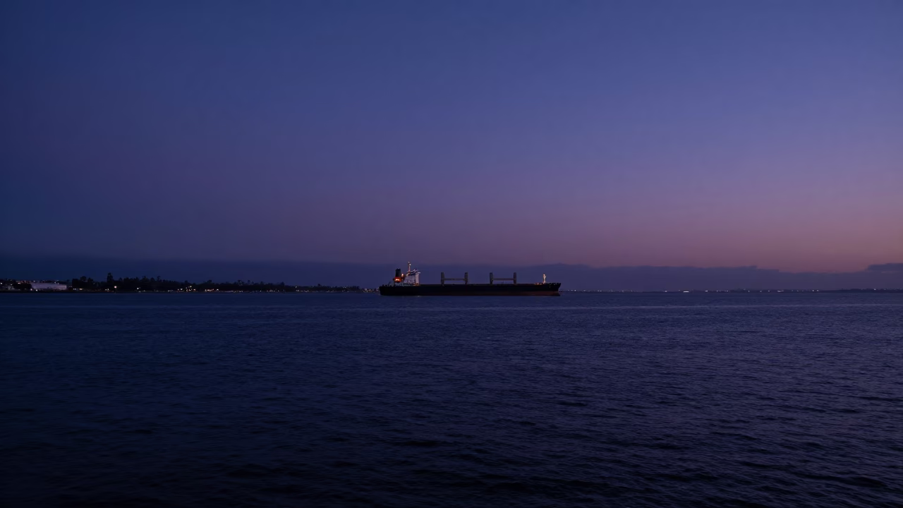 Twilight San Diego Harbor Scene with Cargo Ship Horizon and Brushed Steel Details in in San Diego, California, United States