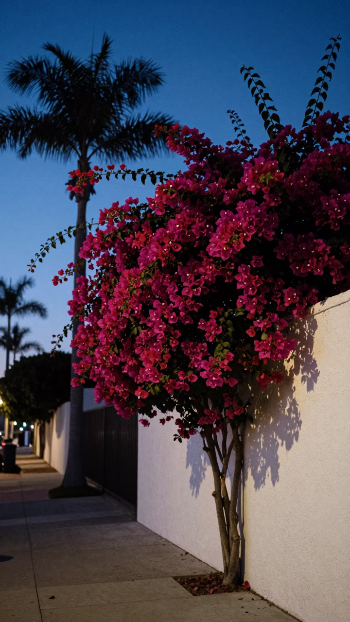 Twilight San Diego Street Scene with Bougainvillea and Date Palms in in San Diego, California, United States