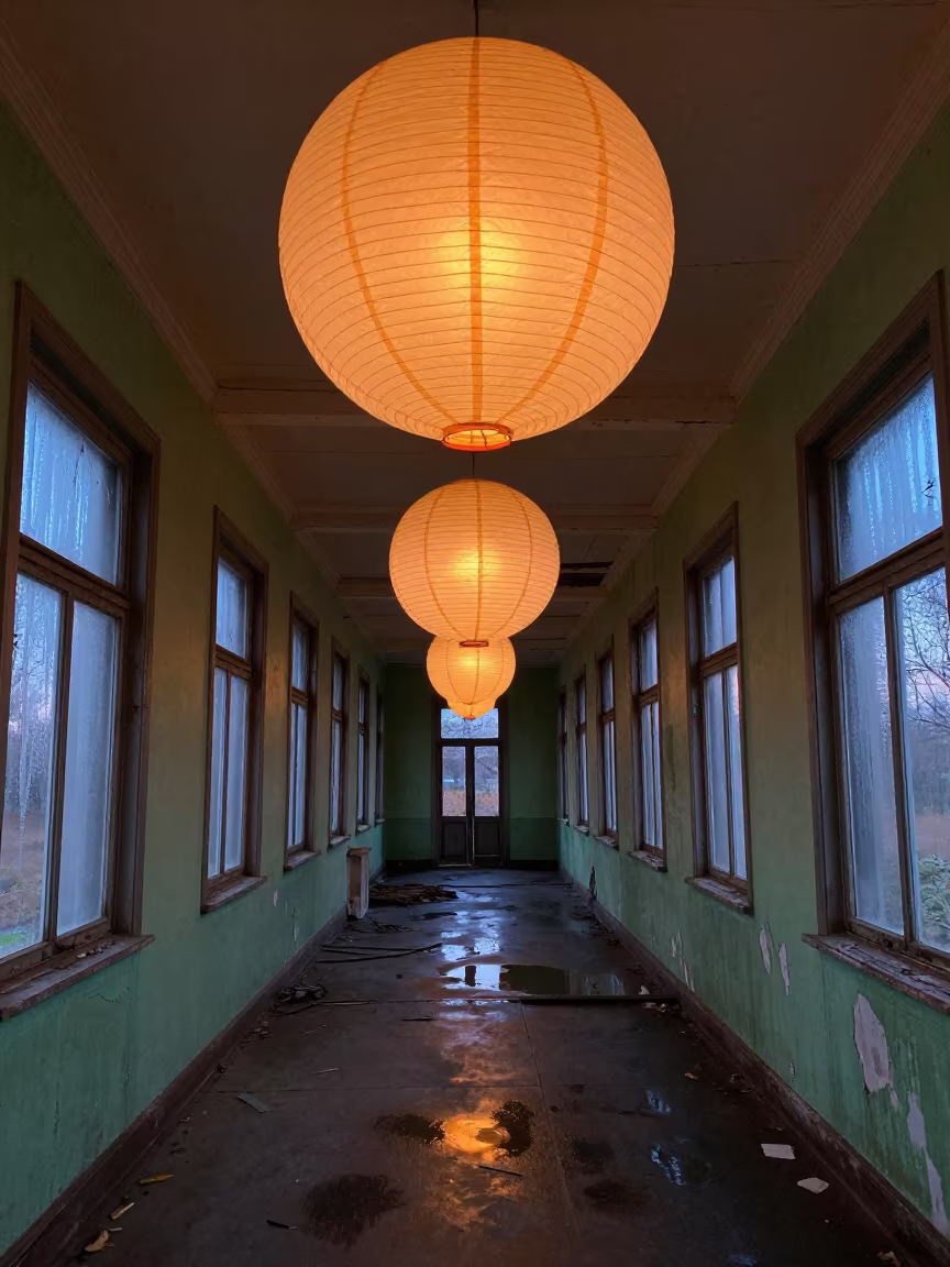 Twilight Sanatorium Hall with Floating Lanterns in inside a ruined hospital wing open to drafts in Wisconsin
