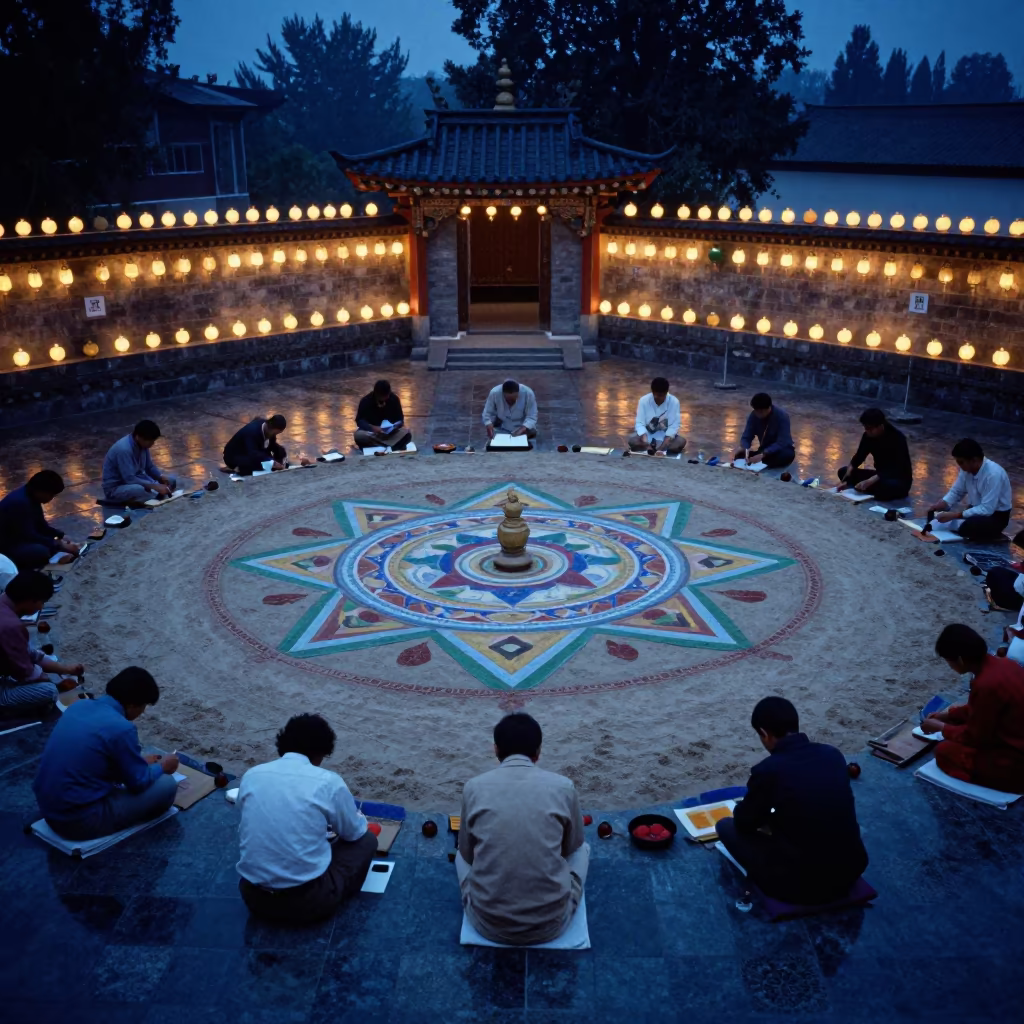 Twilight Sand Mandala Ritual in Dania Shrine in in a shrine lined with lanterns in Dania