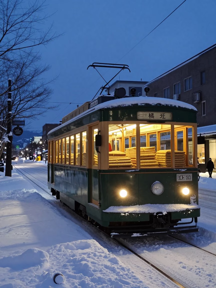 Twilight Sapporo Street Scene with Snowy Tramcar and Woven Mats Display in in Sapporo, Japan